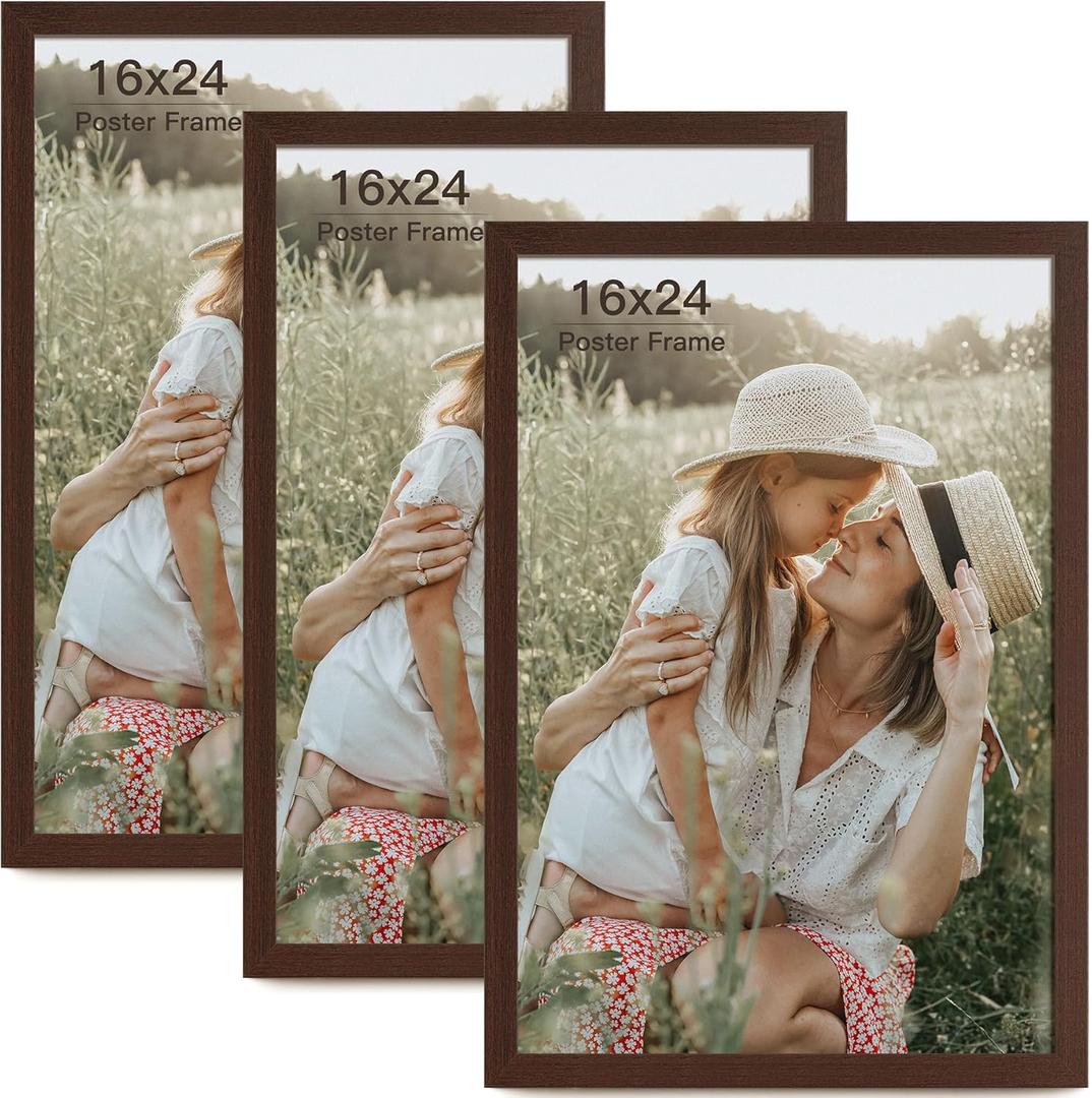 16x24 Frame Set of 3, Dark Brown Wood Grain 16x24 Poster Frame for Gallery Wall Mounting (3 Pack,Walnut)