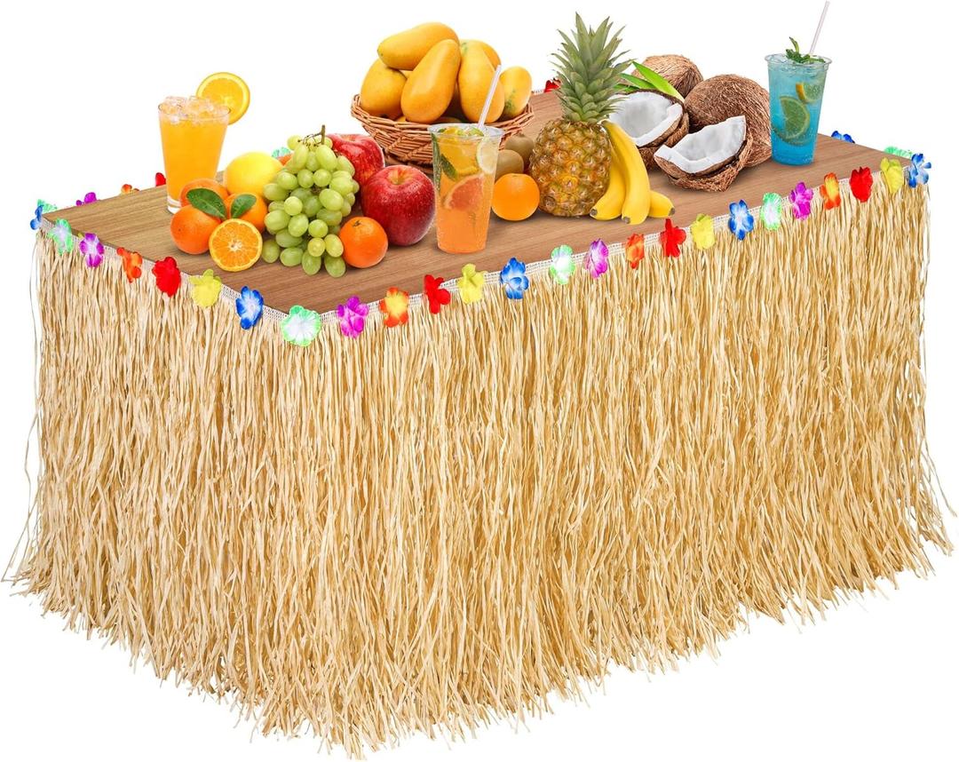 Aodaer Paper Luau Grass Table Skirt with Hibiscus Flowers 9 Feet x 30 Inch Raffia Style Hawaiian Table Skirt Rectangle Tropical Luau Party Decorations for Summer Beach Party, Straw