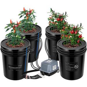 VIVOSUN DWC Hydroponics Grow System with Top Drip Kit, 5-Gallon Deep Water Culture, Recirculating Drip Garden System with Multi-Purpose Air Hose, Air Pump, and Air Stone (4 Buckets + Top Drip Kit)