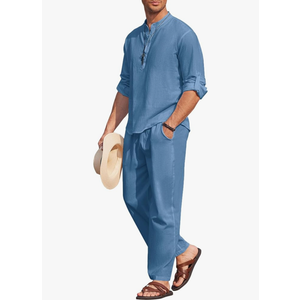 COOFANDY Men's 2 Pieces Cotton Linen Set Long Sleeve Henley Shirts Casual Beach Pants With Pockets Summer Yoga Outfits, Size XL