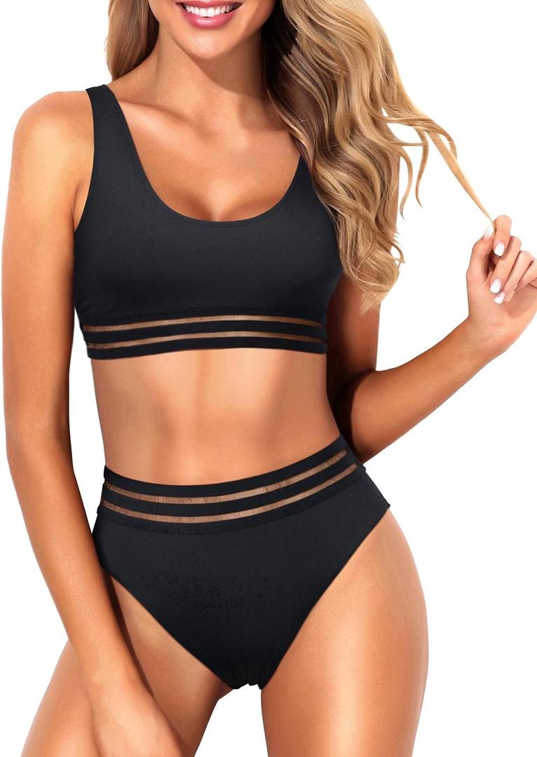 Tempt Me Women Two Piece Scoop Neck Bikini Crop Top Swimsuit Sporty High Waisted Bathing Suit (L)
