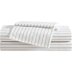 Eddie Bauer - Queen Sheet Set, Cotton Percale Bedding Set, Super Soft and Bedding Set, Oeko-Tex Certified (Essential Stripe Beige, Queen)