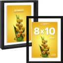 8x10 Floating Picture Frames Set of 2  Solid Wood Frame with Tempered Double Glass, Wall Mount Photo Frames for Vertical & Horizontal Display, Modern Hanging Wall Decor (Black)