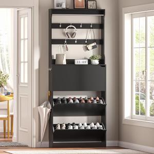 Shoe Cabinet Storage for Entryway Shoe Storage Cabinet with 3 Flip Drawer Black Slim Freestanding Narrow Shoe Cabinet Tall Wood Modern Shoes Cabinet with Coat Rack for Hallway