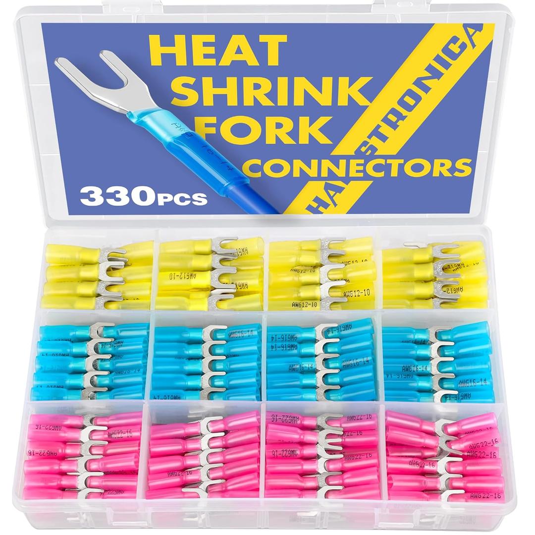 haisstronica 330PCS Heat Shrink Fork Spade Connectors #10 Waterproof Marine Grade Fork Terminal Connectors U-Type Blue Red Yellow 22-10 Gauge