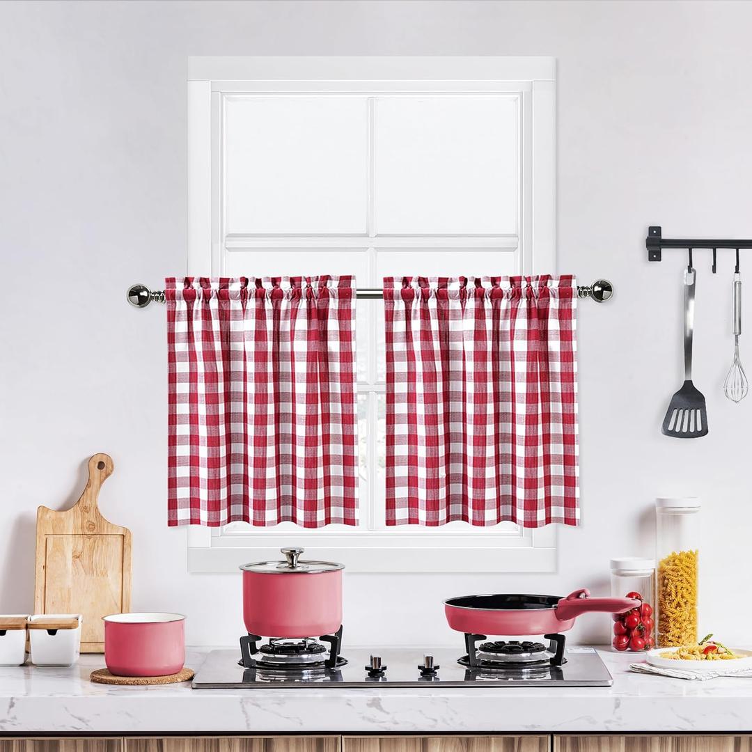 Red and White Tier Kitchen Curtains 30 Inches Long,Burgundy Buffalo Plaid Gingham Rod Pocket Window Treatment Set Half Window Cafe Curtains for Kitchen Bathroom,28"Wx30"L,Red/White,Set of 2