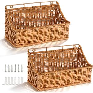OwnMy 2PCS Plastic Wicker Hanging Basket Wall Mount Storage Baskets for Kitchen Organizing Fruit, Onion, Potato, Vegetable, Hanging Fruit Baskets for Kitchen Counter/Pantry/Cabinet