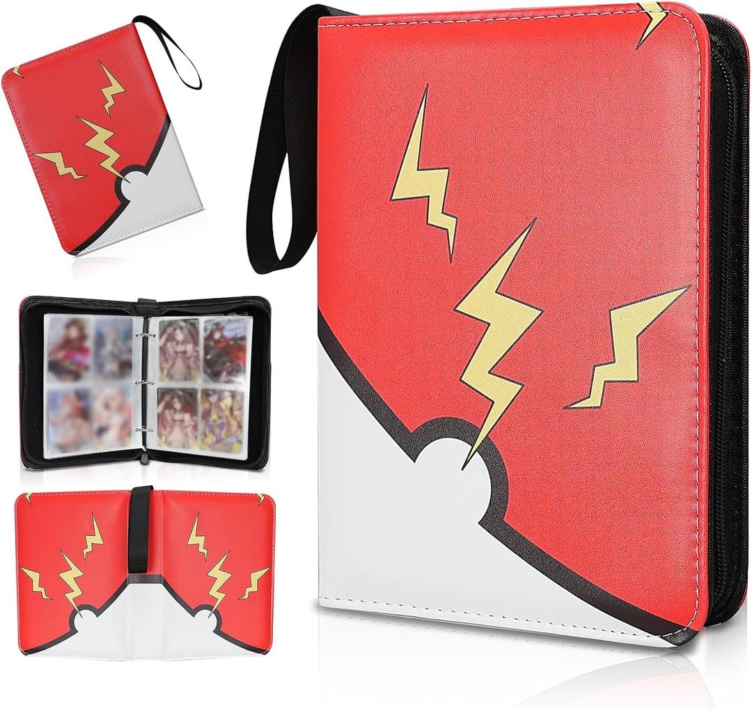 Collectible Trading Card Albums,4 Pocket Card Binder, 400 Double Sided Pocket PU Premium Zip Trading Collection Binderwith 50 Removable Sleeves, Card Folder forTCG, Sports Cards (Red & Yellow)