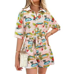 PRETTYGARDEN Womens Rompers for Summer 2025 Beach Vacation Clothes Short Sleeves Floral Jumpsuits Beach Cover Up (X-Large, White+blue Leaf)