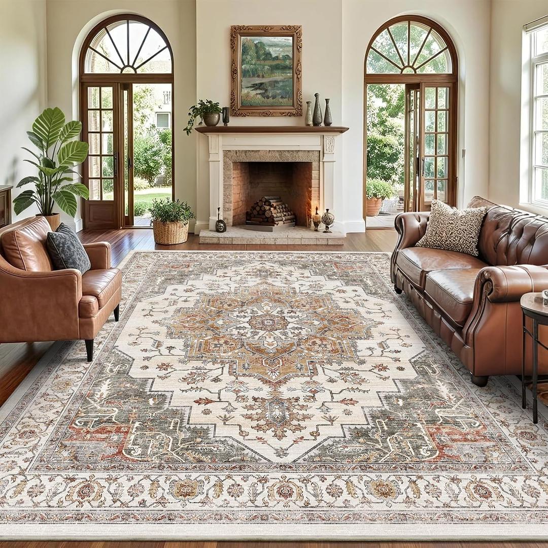 9x12 Large Area Rugs for Living Room Ultra-Soft Washable Rug Vintage Distressed Non-Slip Low Pile Stain Resistant Carpet for Bedroom Dining Room Kitchen Office