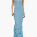 Saodimallsu Womens Halter Crochet Cover Up Fringe Sexy Backless Sleeveless V Neck Collared Vacation Beach Maxi Dress, Medium