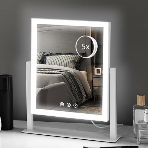 HIEEY Lighted Makeup Mirror, 14.1" x 12.1" Hollywood Vanity Mirror with Lights, Three Color Lighting Modes, and 5X Magnification Mirror, Smart Touch Control, 360°Rotation (White,Gift Box)