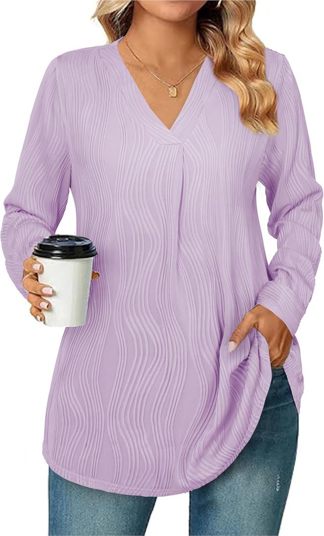 Womens 3 4 Sleeve Blouse Long Sleeve Business Casual Tunic Tops V Neck Work Tops Textured Dressy Casual Shirts (Small, Purple)