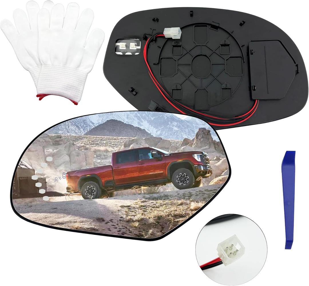 Left Driver Side Replacement Mirror Glass For 2009 2010 2011 2012 2013 2014 Cadillac Escalade,GMC,Chevy Silverado Yukon,Suburban 1500,Heated & Blind Spot Detection,Led Turn Signal