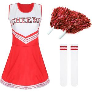 Women's Cheerleader Costume Outfit Cheer Dress with Pom Poms & Retro Striped Socks for Halloween Sports Events Theme Parties (Red, XS)