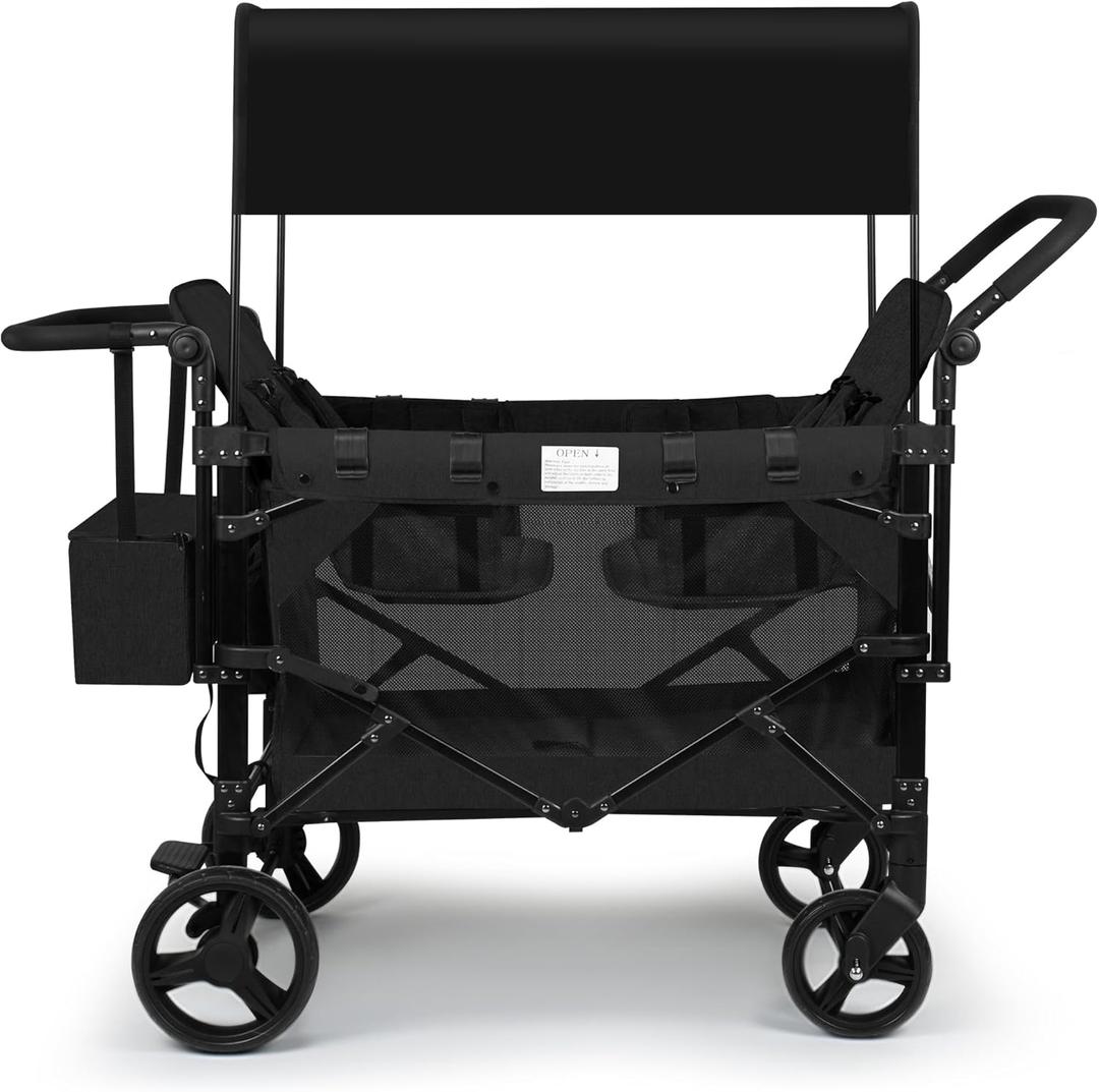 VOOI Stroller Wagon 4 Seater, Wagon for Kids, Collapsible W4 Stroller with Seats with 5-Point Harnesses, Easy Access Zipper Door, and Removable Sun Canopy (Black, W4-Large)