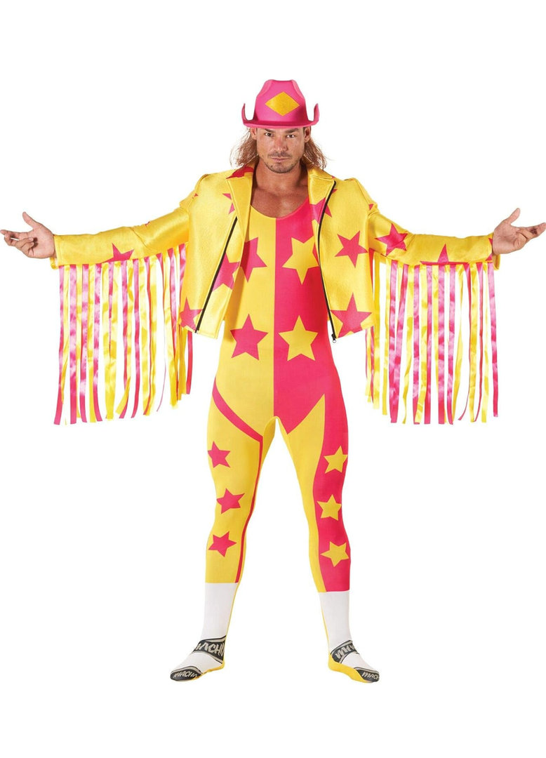 Morph Yellow Macho Man Randy Savage Costume, WWE Wrestler Outfit for Adults, Macho Man Dress-Up, Fun Party Attire, X-Large