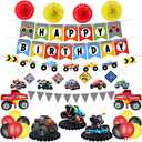 Skylety Monster Truck Birthday Party Supplies Truck Birthday Banner Triangle Bunting Hanging Swirls Multicolor Balloons Honeycomb Table Centerpieces Paper Fans