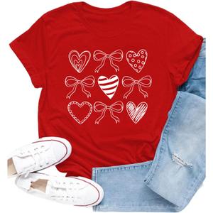 Valentines Shirt for Women Romantic Love Heart Bow T-Shirts Valentine Day Lover Tee Tops (S)