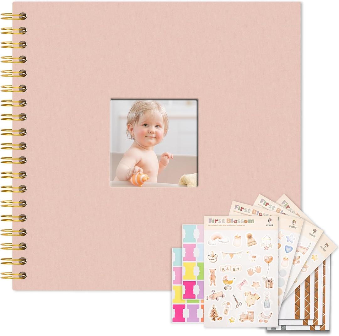 Vienrose Kids Scrapbook Album 10.4"X10.0" with Window Silk Fabric Cover Acid-Free Pages Personalised DIY Photos Scrapbooking for Baby Memory Book, First Year Keepsake Journal Gift Boy Girl, Pink, 10.4"X10.0" 20Sheets