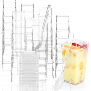 EASERCY 50 Pack 3 oz Square Mini Dessert Cups with Lids and Spoons Clear Dessert Shooter Cups with Spoons Parfait Cups with Lids Appetizer Cups for Party Small Plastic Dessert Cups for Pudding