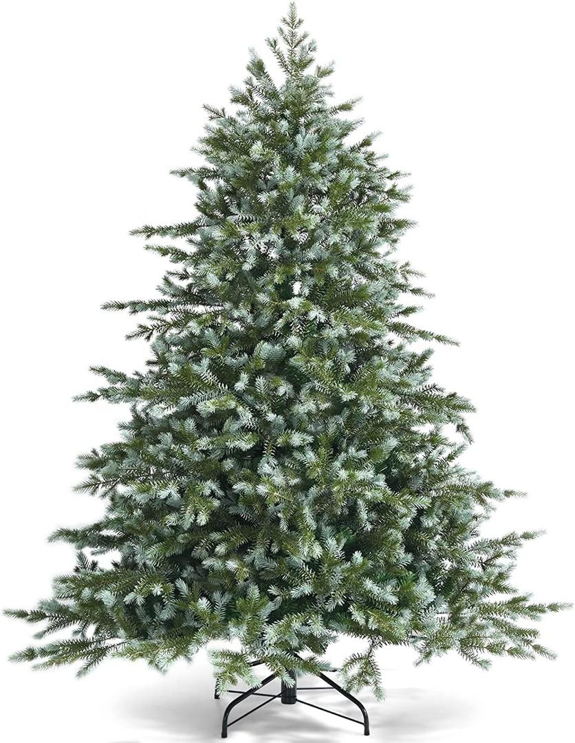 Artificial Snow Flocked Christmas Tree, PVC & PE Snow Covered Christmas Tree with Foldable Metal Stand, Branch Tips Snowy Slim Xmas Pine Tree for Festive Holiday Decor (6ft, Green+white)