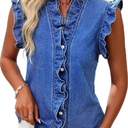 Women's New Summer Chic Button Down Denim Tops Ruffled Flutter Sleeve Blouse V Neck Casual Shirt Tops Size S/M