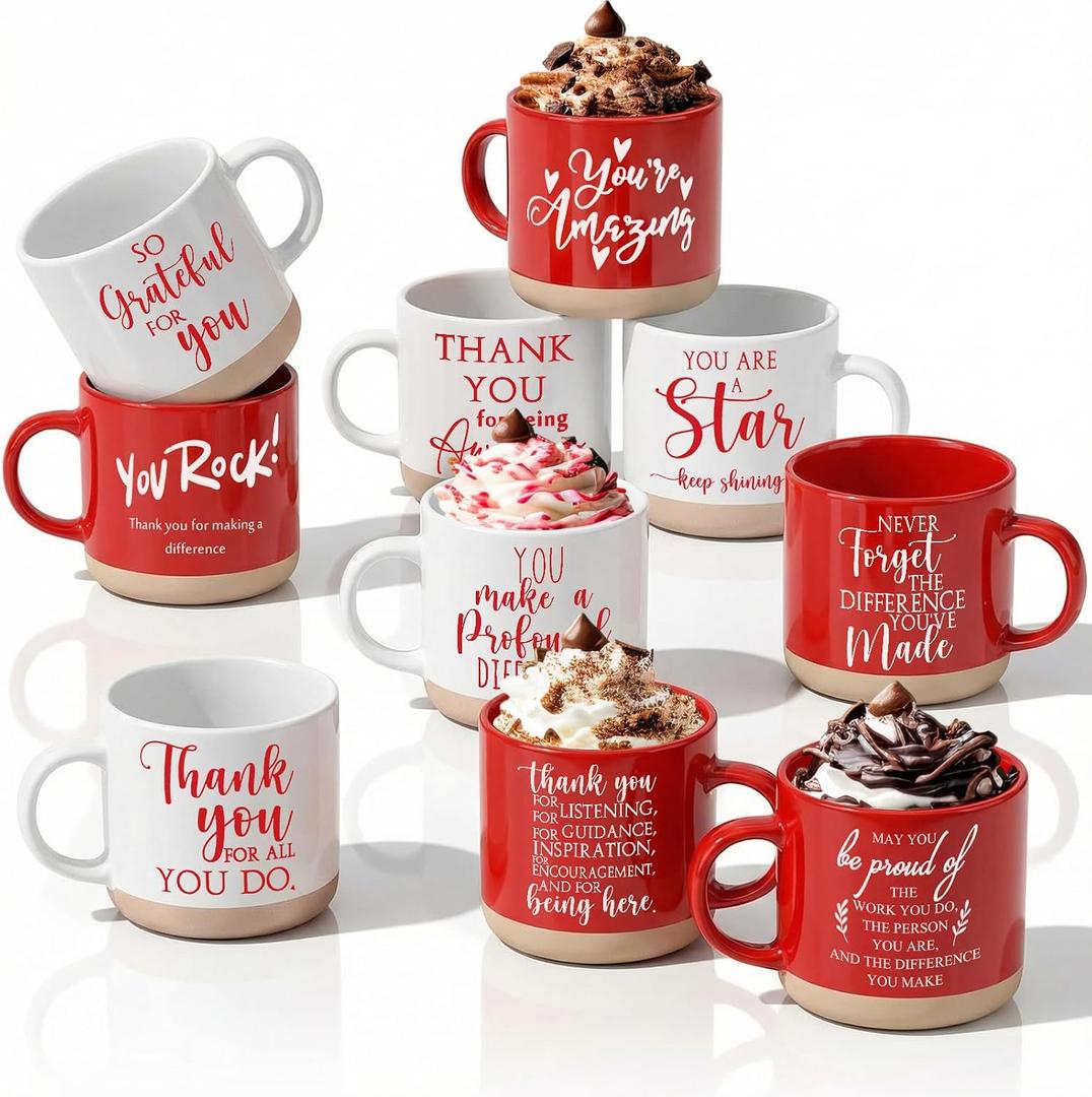 FillTouch 10 Pcs Employee Appreciation Mugs Gifts Bulk 12 oz Ceramic Thank You Coffee Cups for Employee Coworker Staff Teacher (Red,White)
