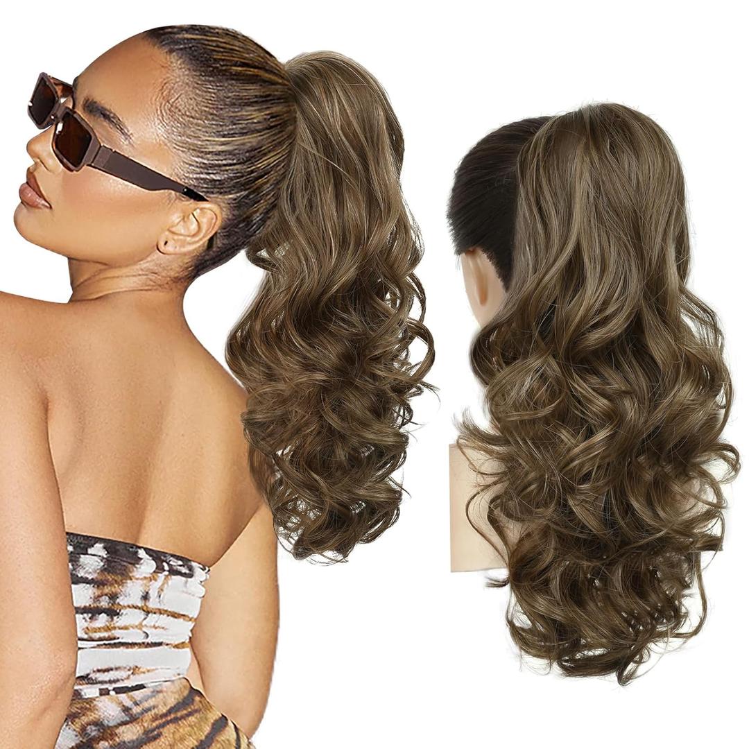 REECHO Ponytail Extension, 18 inch Drawstring Ponytail Hair Extensions Long Curly Wavy Clip in Pony Tail Synthetic Hairpiece for Women, Chocolate Brown with Highlights