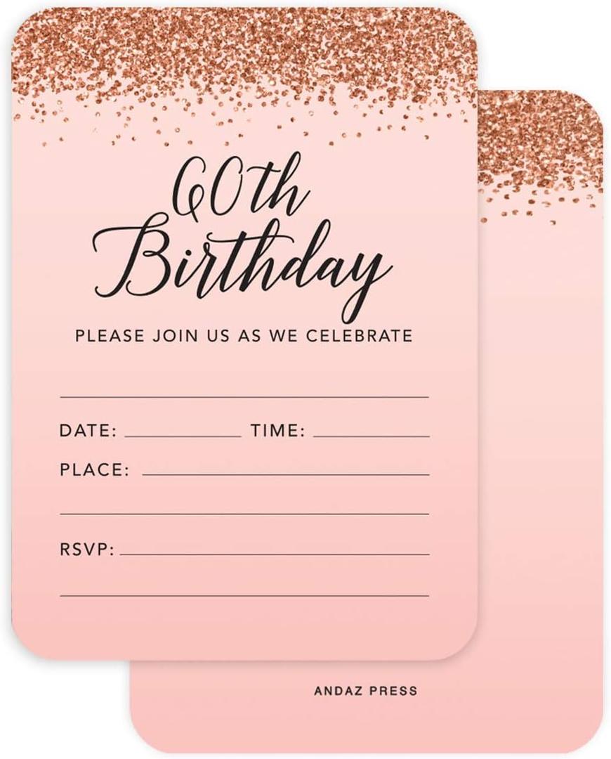 Andaz Press Blush Pink And Rose Gold Glitter Elegant Party, 5X7-Inch Invitations With Envelopes, 60th Birthday, 24-Pack, Double Sided Printing, Birthday Invitations For Women 60th Birthday Invitations