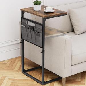 Vagusicc C Shaped End Table, 33'' Tall Side Table for Couch, Adjustable Height Small Couch Side Table for Small Spaces, End Table Slide Under Sofa Table TV Tray Table Arm Table for Living Room, Brown (16.35"D x 11.62" W x 17.7-32.5"H)