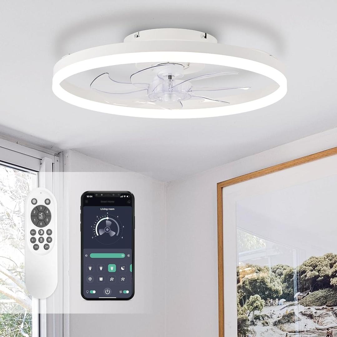 STERREN Ceiling Fans with Lights,20" Low Profile Ceiling Fan with Remote Control, Modern Flush Mount Ceiling Fan,White Fan Light for Bedroom, Living Room,Kitchen,Small LED Ceiling Light Fixture