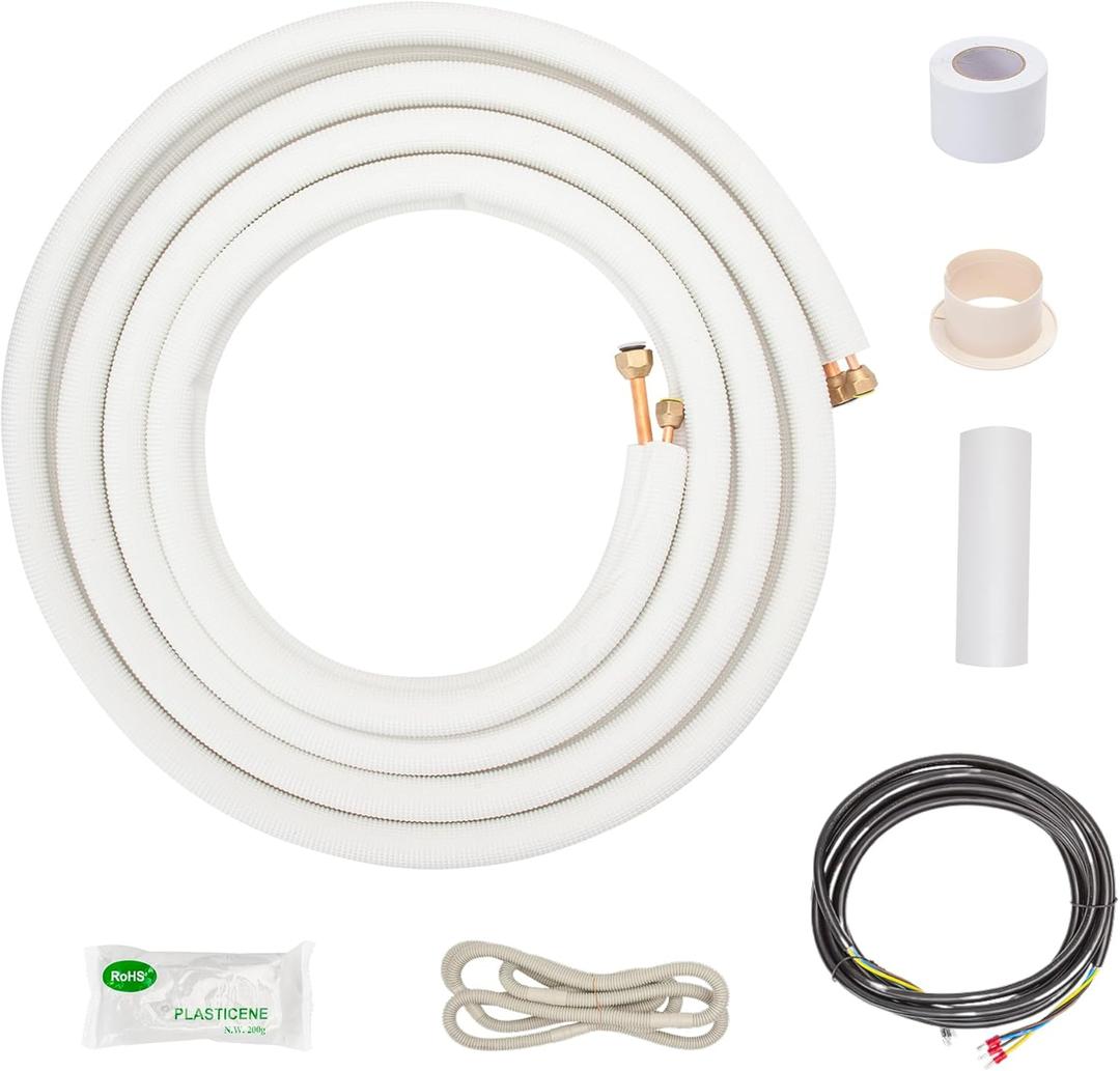 ICOOL 10 Ft. Mini Split Line Set, 1/4" & 3/8" O.D. Twin Copper Pipes, 3/8" Thickened PE Insulated Coil Copper Line for Air Conditioner HVAC Refrigeration and Heating Equipment, with Fittings