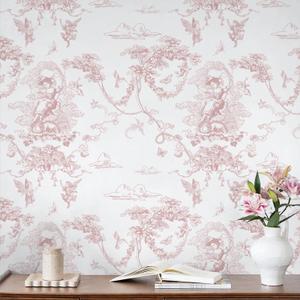 CiCiwind Peel and Stick Wallpaper Pink and White Wallpaper Vintage Toile Wall Paper for Bathroom Bedroom Living Room French Self Adhesive Removable Contact Paper for Cabinets 17.3"78.7" Vinyl Rolls