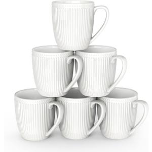 Coffee Mugs Set of 6, 16 Oz White Coffee Mugs, Porcelain Mugs, Large and Easy to Grip Mug Sets, Embossed Coffee Cup Set for Coffee, White