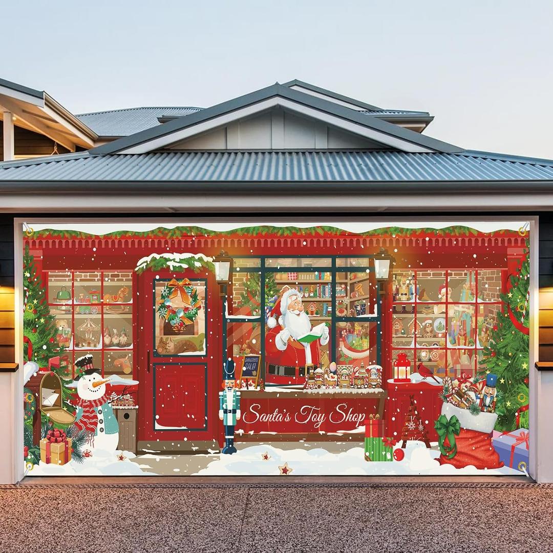 7x16 ft Christmas Garage Door Cover, 2025 Garage Door Christmas Decorations, Large Garage Door Xmas Cover, Outdoor Xmas Banner Decorations (Santas Toy Shop)