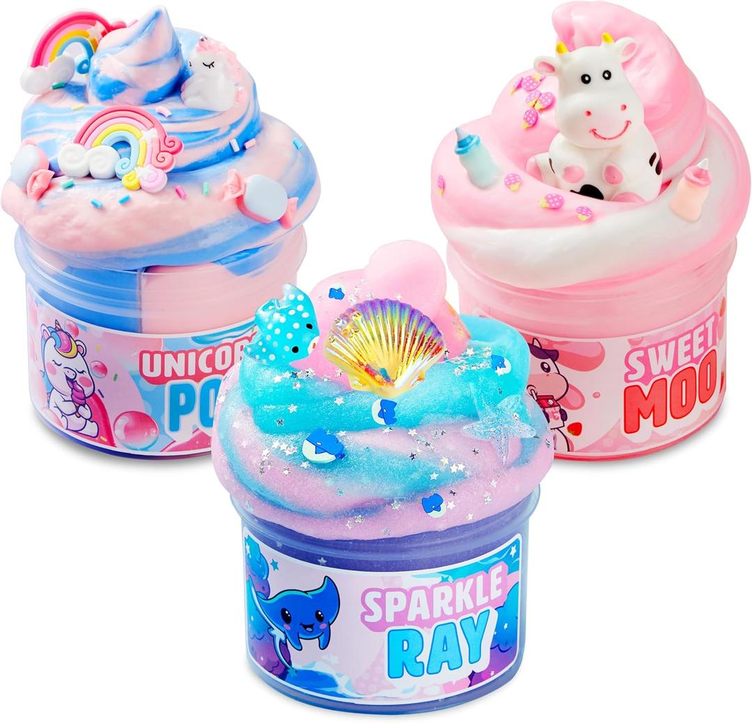 JOYIN 3-Pack Slime Party Favors, Cloudfin Manta Ray, Bubblegum Unicorn, Strawberry Milk Cow, 8 oz., Soft, Non-Sticky, Mess-Free, Slime Bulk Toys for Kids, Boys and Girls Birthday Gifts