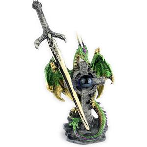 Aint It Nice Dragon Statue with Medieval Dragon Sword and Crystal Ball Collectible Dragon Figurine Fantasy Medieval Dragon Dcor, Green 4.5(L) 2(W) X 7(H) inches