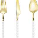 120 Pcs Gold Plastic Silverware,Gold Plastic Utensils with White Beads Handle,Fancy Disposable Cutlery Set Include 40 Forks 40 Knives 40 Spoons for Party & Wedding, White Beads