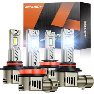 SEALIGHT 9005/HB3 H11/H9/H8 LED Bulbs Combo, 1000% 90000LM Brighter than Original Bulb, 6500K Daylight White, 25000RPM Cooling Fan with IP68 Waterproof, 70000Hrs Long Lifespan, Pack of 4