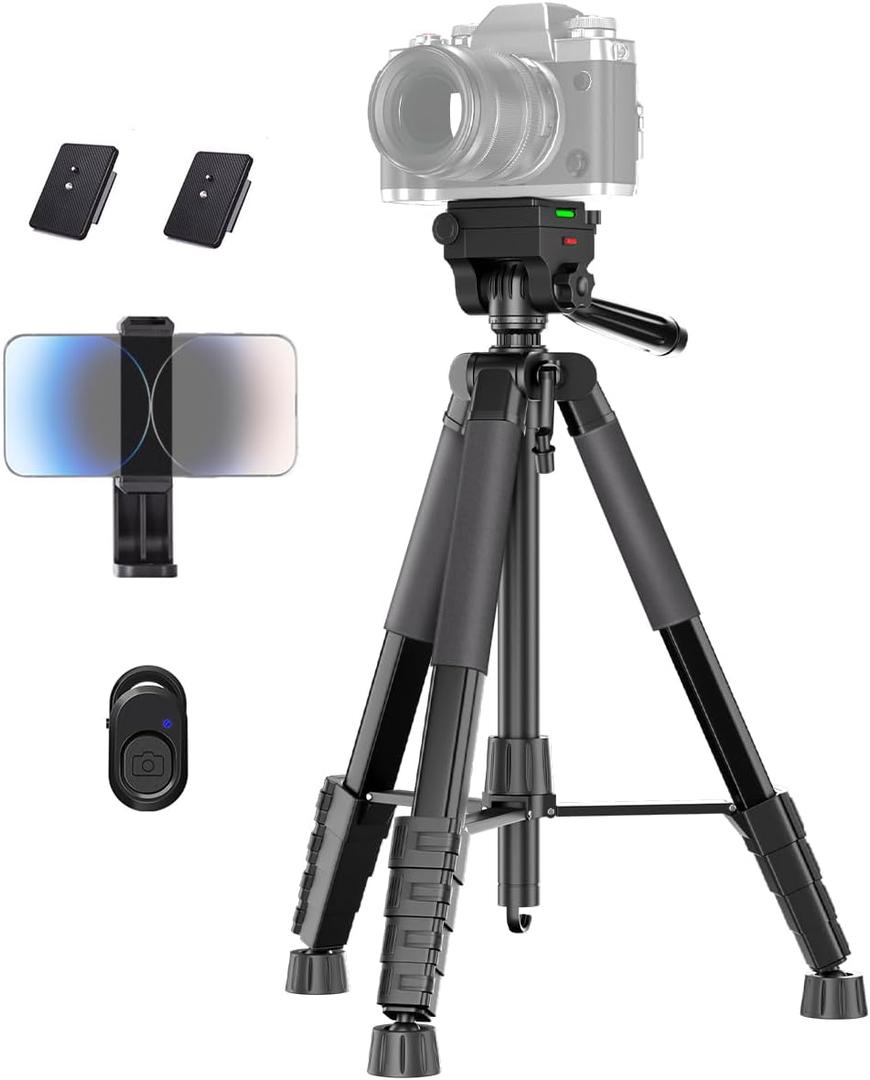 Camera Tripod, 74" DSLR Camera Tripod with 2 QR Plates for Sony/Nikon/Canon, Lightweight Video Tripod Stand for Travelling, Phone Tripod with Fluid Head/Phone Holder/Wireless Remote Max.Load 6kg