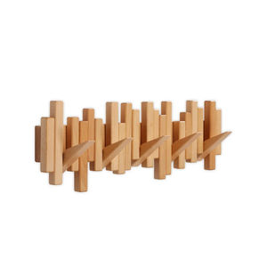 DESAINOPH® Wooden Coat Rack Wall Mounted Sticks Multi Rack Solid Handmade Natural Wood Artwork with 5 Flip-Down Unique Modern Hooks for Coats Bag Hat Umbrella, Beech 5-hooks