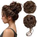 CJL HAIR 2PCS Messy Bun Hair Pieces Wavy Curly Synthetic Updo Chignon Fake Scrunchies Ponytail Extension for Women Chocolate Multi