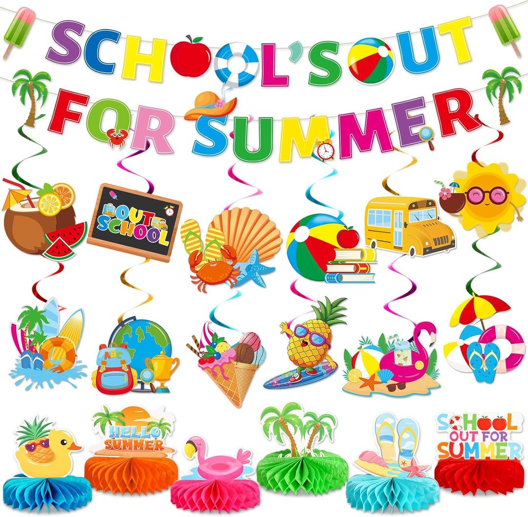 School's Out for Summer Decorations Include Summer Theme Banner Hanging Swirls Honeycomb Centerpieces End of School Year Party Decorations for Schools Classroom Summers Vacation Celebration Decor