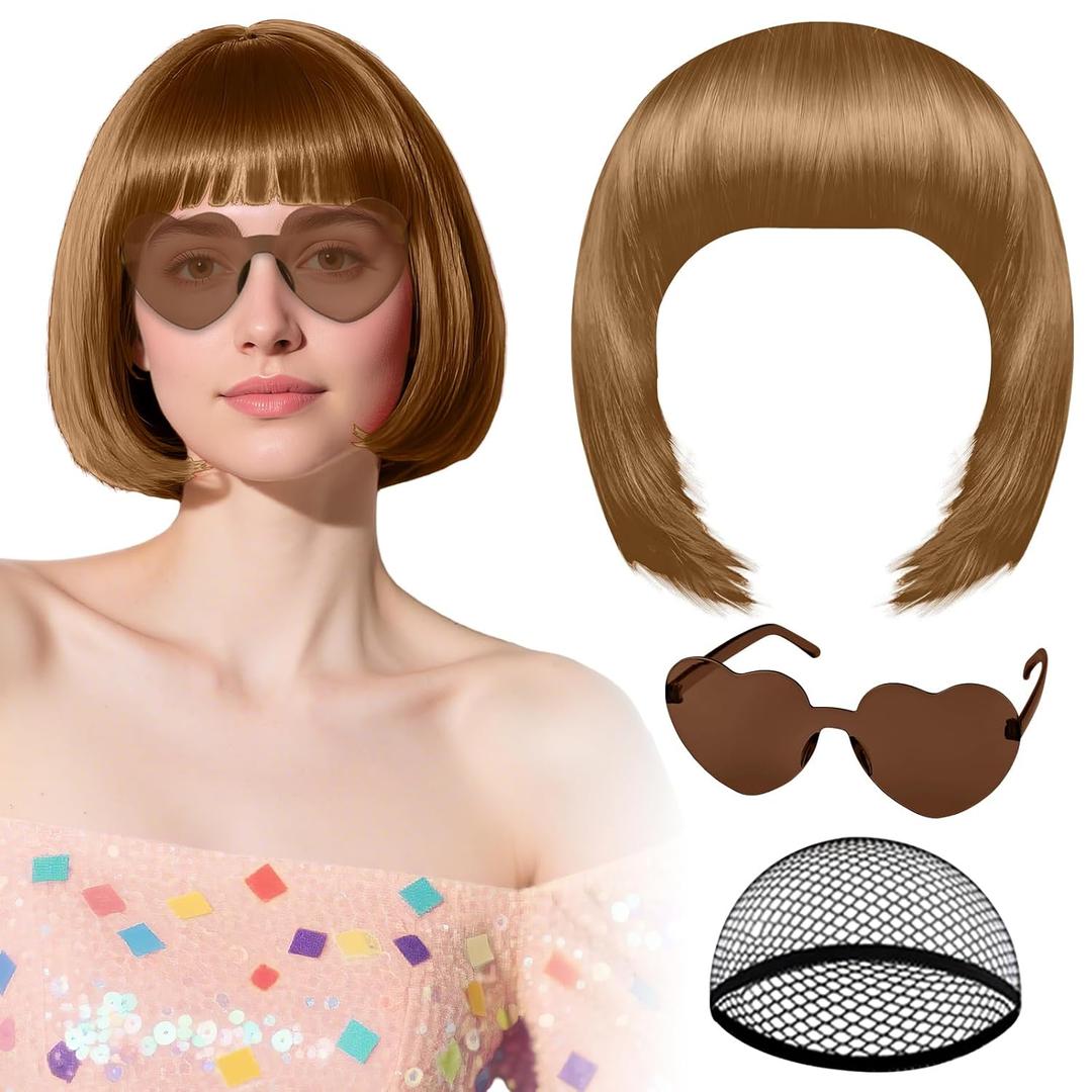 PLULON Light Brown Bob Wig with Heart Sunglasses and Hair Cap for Women, Short Bob Wigs Synthetic Colored Funny Cosplay Hairpieces for Women Men Daily Bachelorette Halloween Costume Party Decorations