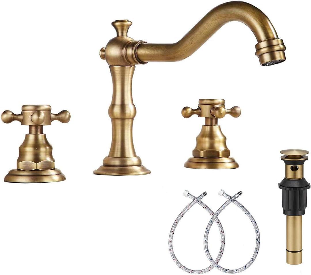 8 inch 2 Handles 3 Holes Widespread Bathroom Sink Faucet Antique Brass Bathroom Vanity Faucet Basin Mixer Tap Faucet Matching Metal Pop Up Drain with Overflow