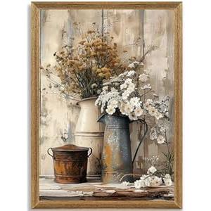 Krtoni Framed Farmhouse Vintage Canvas Wall Art, Country Floral Daisy Picture Wall Decor, White Jasmine Flowers and Rust Kettle Poster Print for Living Room Bedroom Bathroom Rustic Decor 24''L x 16''W