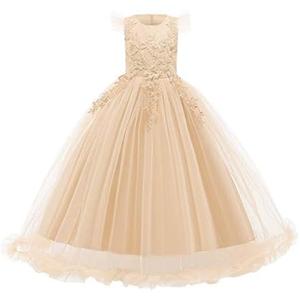 Girls Lace Pageant Party Dress Wedding Flower Girl Maxi Gowns Flower A Line Birthday Dance Evening Tulle Floor Length Skirt Champagne 7-8 Years
