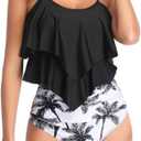 VeMee Tankini Swimsuits for Women High Waisted Swim Suit 2025 Bikini Sets Bathing Suits 2 PCS Tummy Control Ruffled Swimwear (Small, Black)