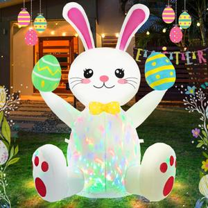 Easter Inflatables Outdoor Decorations 4ft Cute Inflatable Bunny Hold Eggs Blow Up Yard with LED Lighted Colorful Happy Rabbit Blow Ups for Outside Holiday Party Garden Lawn Indoor Home Decor